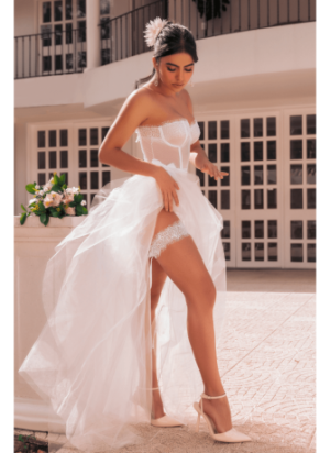 Ensemble 4 pièces blanc, bustier, string et 2 jarretières - MAL8933WHT
